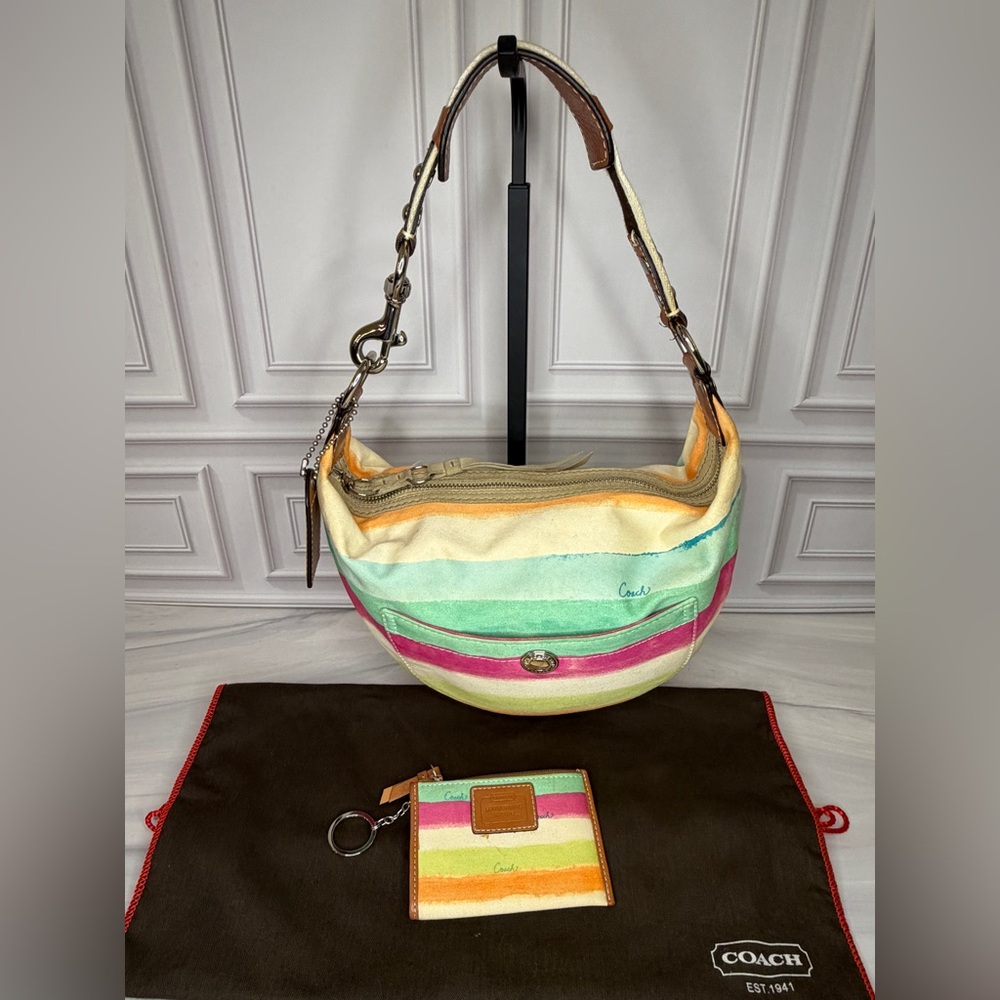 Coach Multicolor Striped Canvas Shoulder Hobo Bag & Matching Card Holder Set - Picture 2 of 13